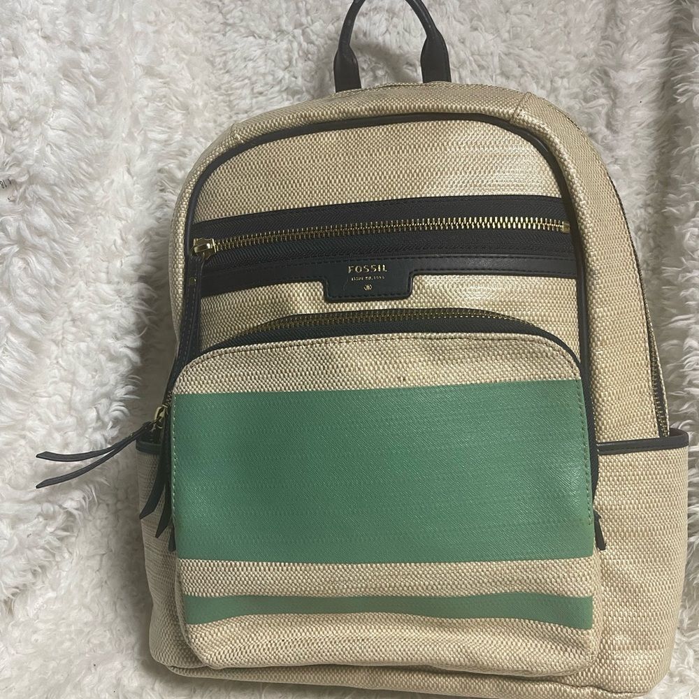 Fossil coated canvas backpack beige & mint green navy blue trims & Straps